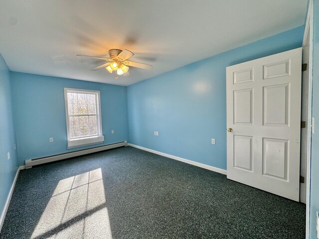 23 Millvale Rd, Bucksport, ME 04416 - unfurnished room featuring baseboard heating, a ceiling fan, baseboards, and dark colored carpet