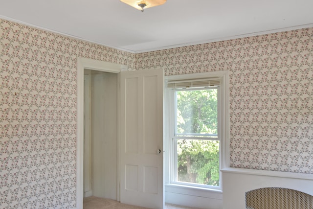 doorway to outside with plenty of natural light, carpet flooring, and ornamental molding