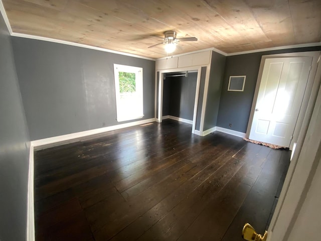 unfurnished room with wood ceiling, ceiling fan, ornamental molding, and dark hardwood / wood-style flooring