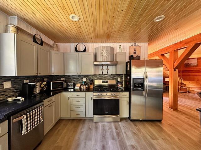 kitchen with stainless steel appliances, dark countertops, light wood-type flooring, and backsplash