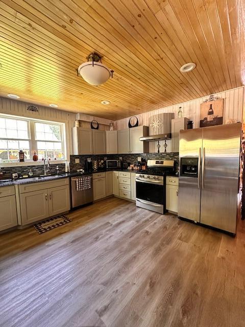 kitchen featuring dark countertops, light wood-type flooring, and stainless steel appliances