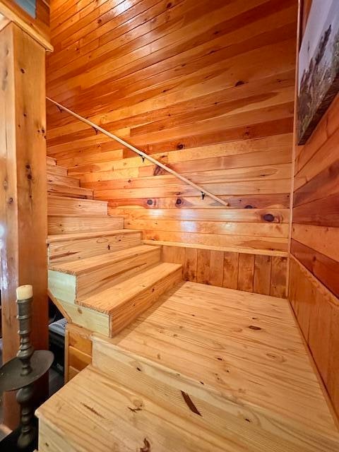 view of sauna / steam room with wooden walls