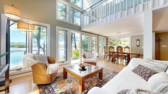 living room featuring a towering ceiling and light hardwood / wood-style flooring