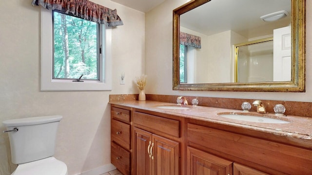 bathroom with vanity, an enclosed shower, and toilet