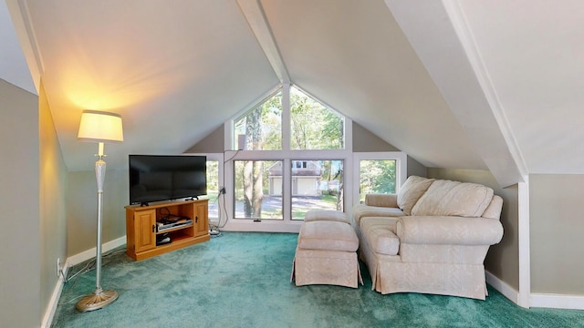 carpeted living room with vaulted ceiling with beams