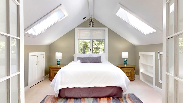 bedroom featuring light carpet and lofted ceiling with beams