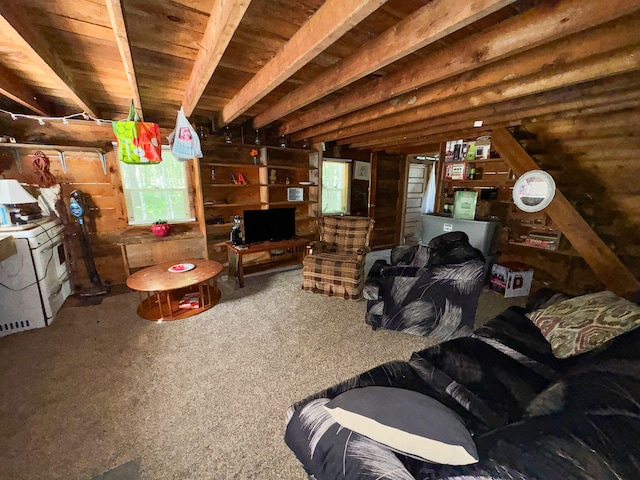 carpeted living room featuring washer / dryer