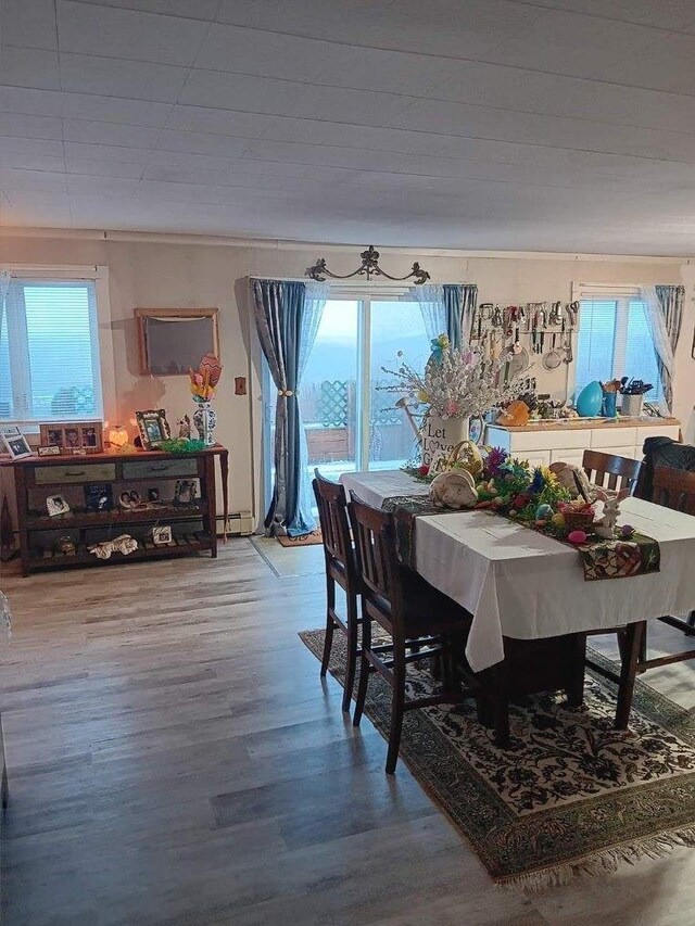 dining space featuring hardwood / wood-style flooring, baseboard heating, and a wealth of natural light