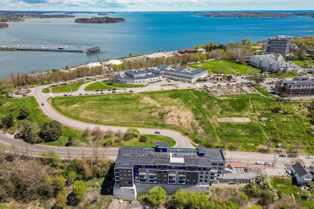 drone / aerial view with a water view