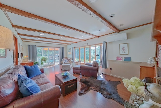 living room featuring hardwood / wood-style floors, plenty of natural light, and beamed ceiling