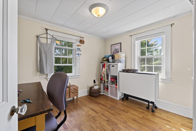 office with crown molding and light wood-type flooring