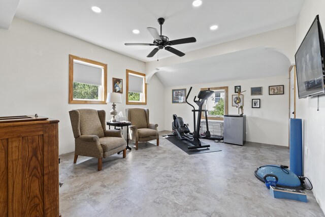 workout area featuring ceiling fan