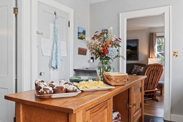 interior space featuring dark hardwood / wood-style floors and wooden counters