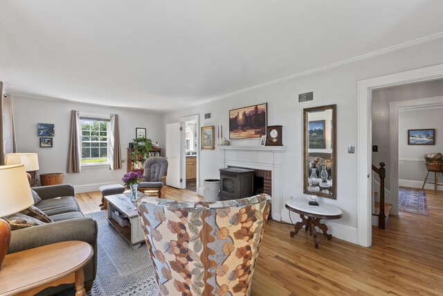 living room with a wood stove, a fireplace, and light hardwood / wood-style flooring