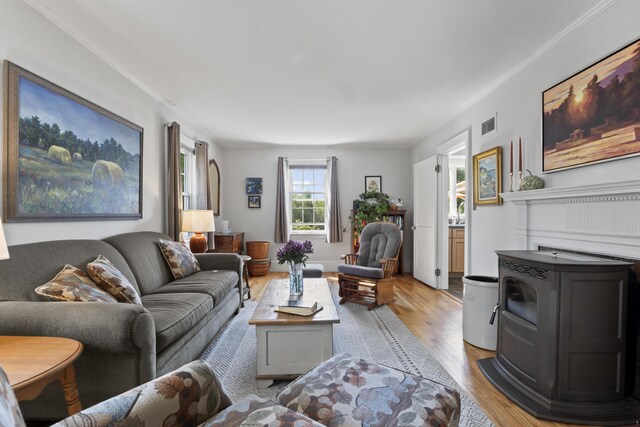 living room featuring ornamental molding and light hardwood / wood-style floors