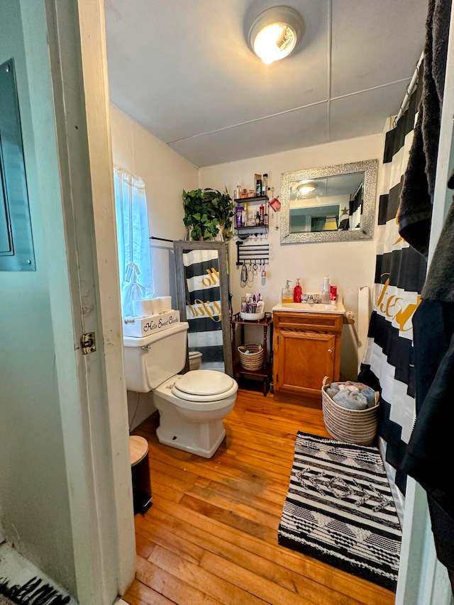 bathroom with a shower with curtain, hardwood / wood-style flooring, vanity, and toilet