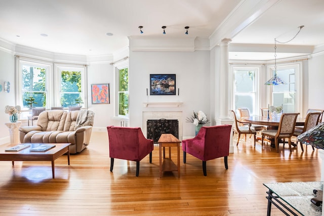 living room featuring crown molding, decorative columns, and light wood-type flooring