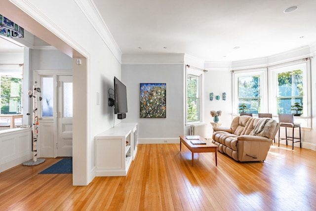 living room with ornamental molding, radiator heating unit, and light wood-type flooring