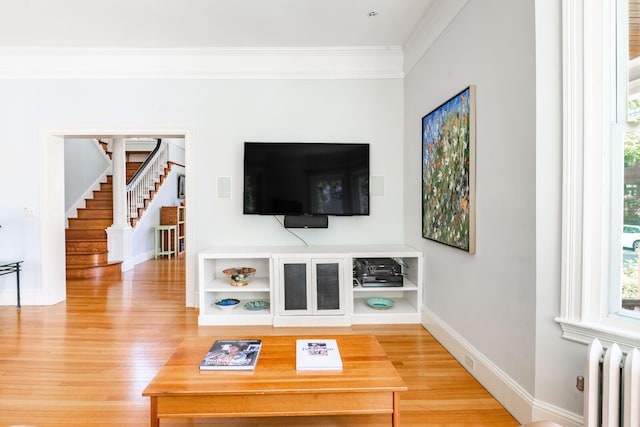 living room with ornamental molding, hardwood / wood-style floors, and radiator heating unit