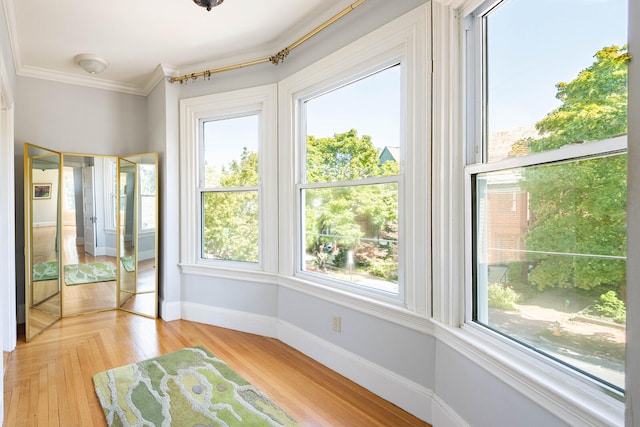 interior space with multiple windows, a closet, light wood-type flooring, and crown molding