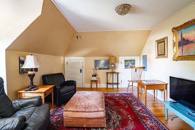 living room featuring lofted ceiling, hardwood / wood-style flooring, and electric panel