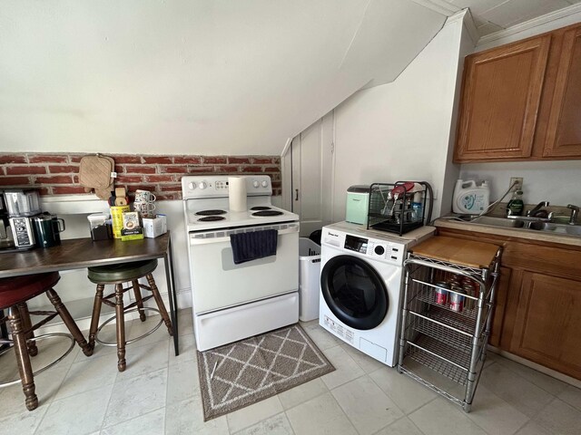 kitchen featuring ornamental molding, white electric range, sink, brick wall, and washer / clothes dryer