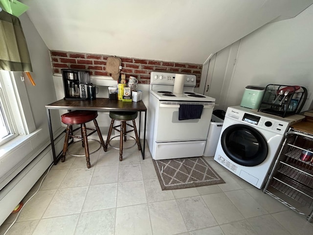 laundry room with brick wall, laundry area, washer / dryer, and light tile patterned floors