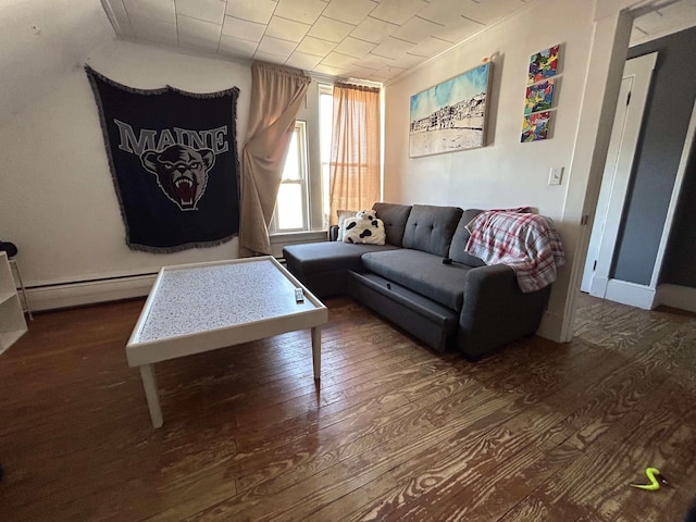living area with hardwood / wood-style floors, baseboards, and a baseboard radiator