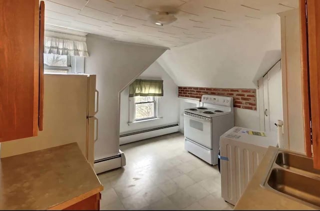kitchen with white electric range oven, a sink, baseboard heating, and light floors