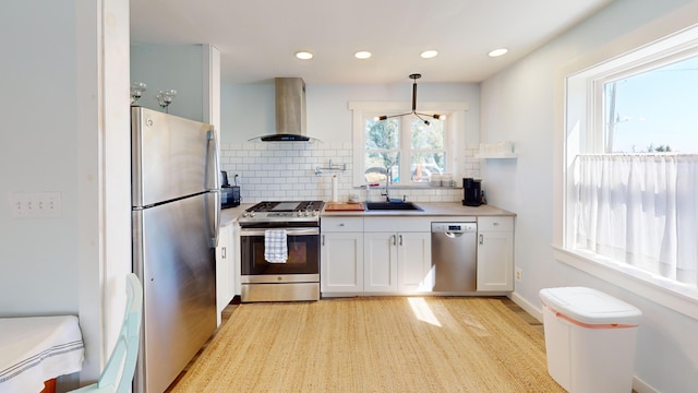 kitchen with island exhaust hood, stainless steel appliances, sink, decorative backsplash, and white cabinets