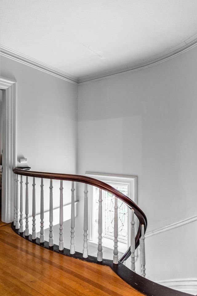 stairs with wood finished floors and ornamental molding