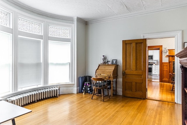 office area featuring ornamental molding, radiator, a textured ceiling, and light hardwood / wood-style floors