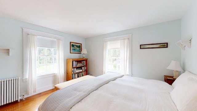 bedroom featuring radiator heating unit, multiple windows, and light hardwood / wood-style flooring