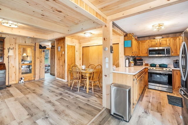 kitchen featuring appliances with stainless steel finishes, light hardwood / wood-style floors, tasteful backsplash, wood walls, and wooden ceiling