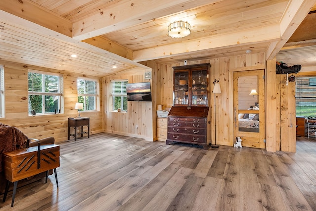 living area featuring beamed ceiling, wood ceiling, wood walls, and hardwood / wood-style floors