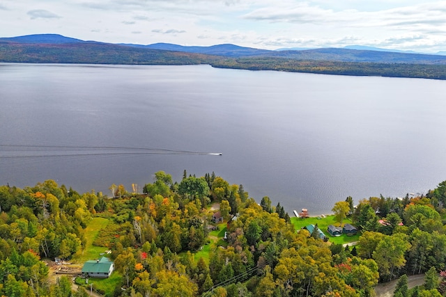 drone / aerial view featuring a water and mountain view