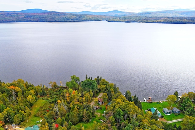 aerial view featuring a water and mountain view