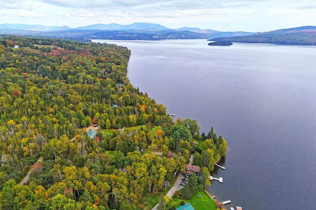 aerial view featuring a water and mountain view