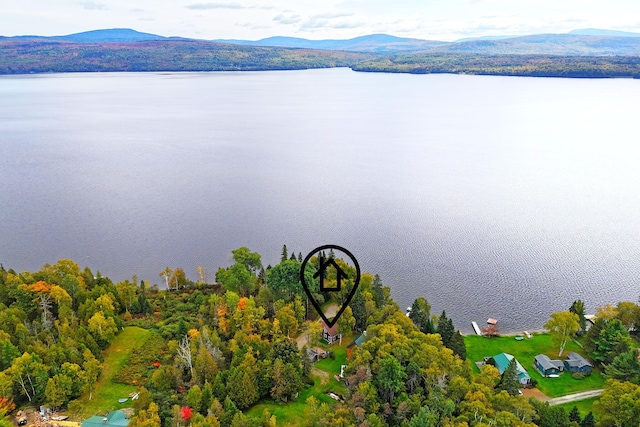 birds eye view of property with a water and mountain view