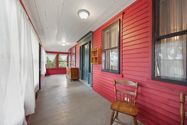 hall with wood walls and wood-type flooring