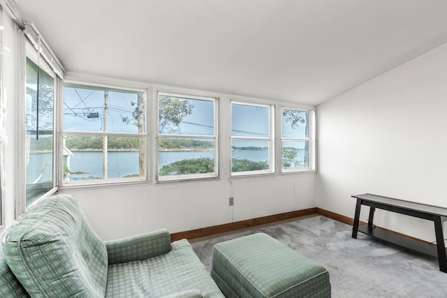 living area with light colored carpet, a water view, and a wealth of natural light