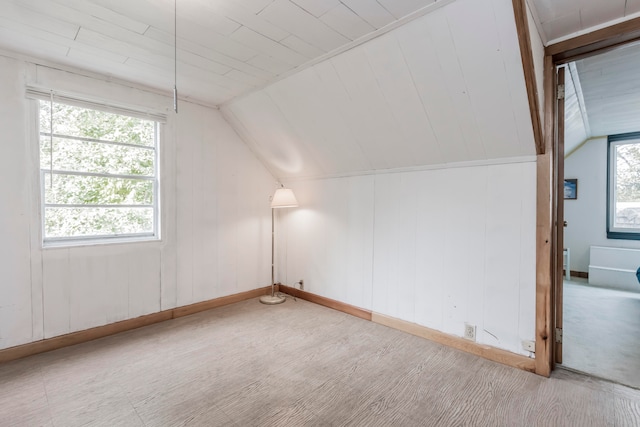 bonus room with vaulted ceiling, a wealth of natural light, and light colored carpet