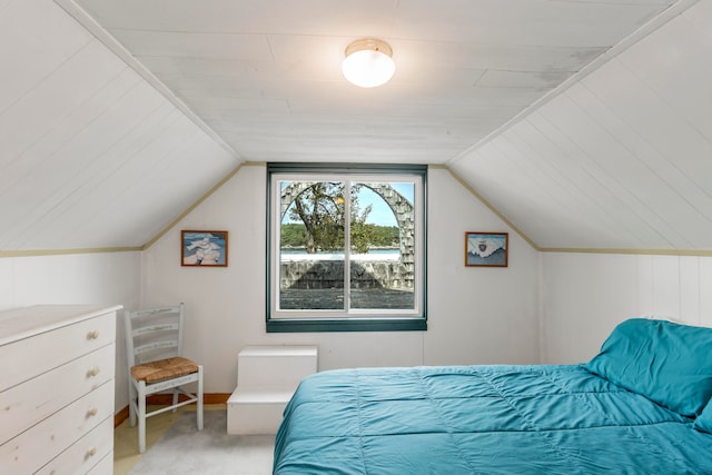 bedroom featuring carpet flooring and lofted ceiling