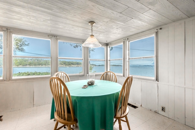 sunroom with a water view, wooden ceiling, and plenty of natural light