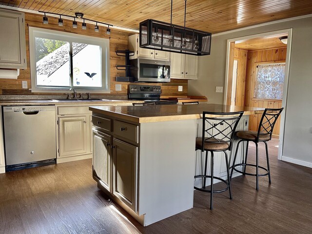 kitchen with a center island, appliances with stainless steel finishes, sink, dark hardwood / wood-style floors, and rail lighting