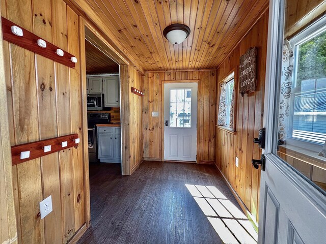 doorway with dark wood-type flooring, wooden walls, and wooden ceiling