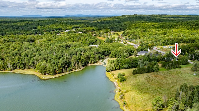 aerial view featuring a water and mountain view