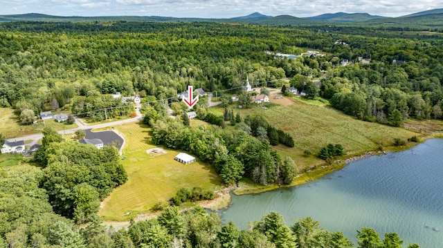 drone / aerial view featuring a water and mountain view