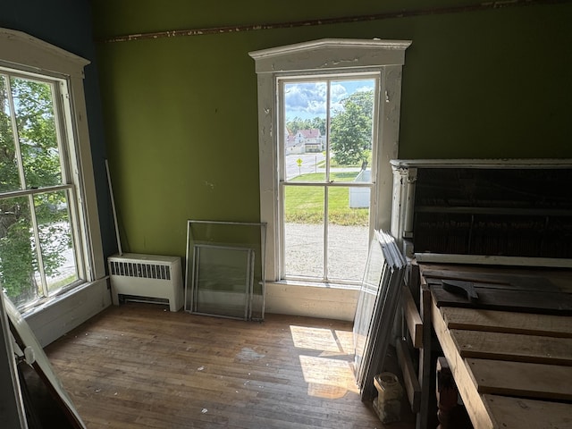 interior space with hardwood / wood-style flooring and radiator heating unit