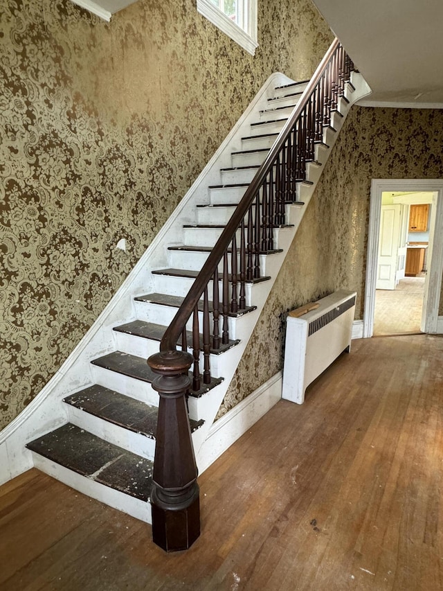 staircase with wood-type flooring and radiator heating unit